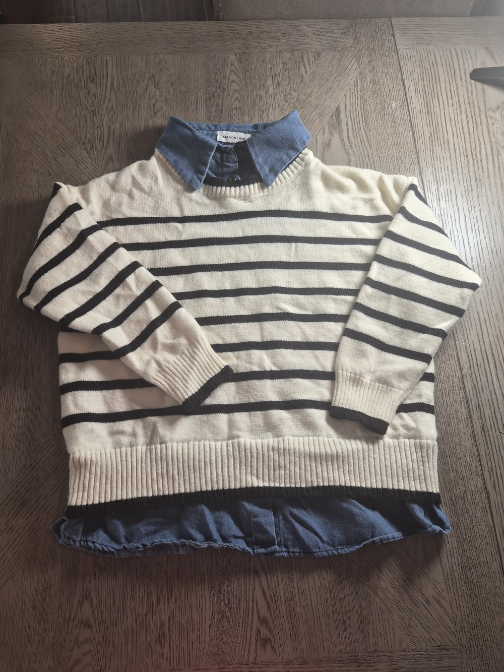 Striped Cream and Black V-Neck Sweater with Denim-Look Collar